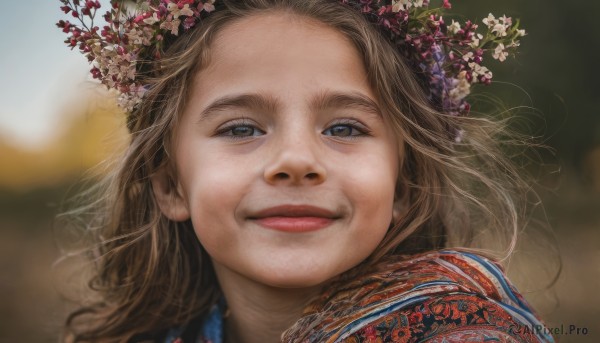 1girl,solo,long hair,looking at viewer,smile,brown hair,hair ornament,brown eyes,closed mouth,flower,outdoors,hair flower,blurry,lips,floating hair,depth of field,blurry background,wind,portrait,forehead,realistic,nose,head wreath