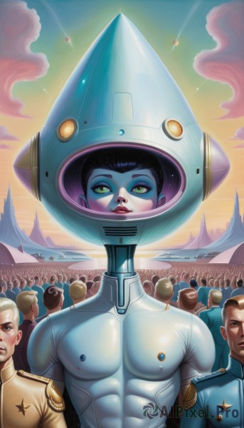 looking at viewer,black hair,green eyes,upper body,male focus,outdoors,multiple boys,sky,solo focus,cloud,signature,uniform,military,bodysuit,military uniform,makeup,muscular,abs,helmet,pectorals,robot,muscular male,skin tight,science fiction,6+boys,realistic,aircraft,airplane,pilot suit,cyborg,crowd,alien,spacecraft,soldier,spacesuit,jet,fighter jet,pilot,army,1girl,star (symbol),lips,covered navel,buttons,piercing,lipstick,bald,astronaut,soviet