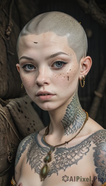 1girl,solo,breasts,looking at viewer,short hair,blue eyes,jewelry,nipples,collarbone,upper body,grey hair,nude,earrings,small breasts,parted lips,necklace,lips,grey eyes,tattoo,piercing,armlet,freckles,realistic,arm tattoo,very short hair,cleavage,medium breasts,teeth,eyelashes,bald,facial tattoo