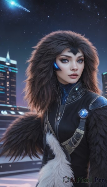 1girl,solo,long hair,looking at viewer,blue eyes,brown hair,black hair,upper body,parted lips,wings,sky,lips,fur trim,makeup,night,facial mark,feathers,building,star (sky),night sky,starry sky,science fiction,city,nose,cityscape,forehead jewel,shooting star,feather trim,outdoors,eyelashes,bodysuit,headgear,eyeshadow,realistic,alien,cyberpunk