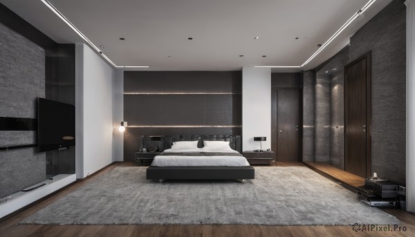 indoors,pillow,no humans,window,bed,chair,table,scenery,couch,wooden floor,door,light,lamp,bedroom,television,floor,speaker,carpet,ceiling light,rug,cabinet,air conditioner,gun,book,night,curtains,tiles,tile floor,ceiling