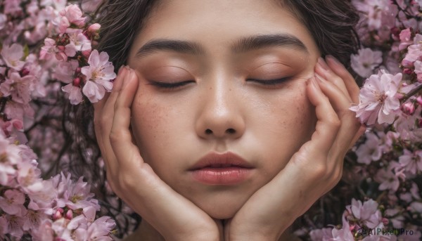 1girl, solo, brown hair, black hair, closed eyes, flower, parted lips, blurry, lips, eyelashes, cherry blossoms, portrait, facing viewer, close-up, freckles, realistic, nose, hands on own face, hands on own cheeks