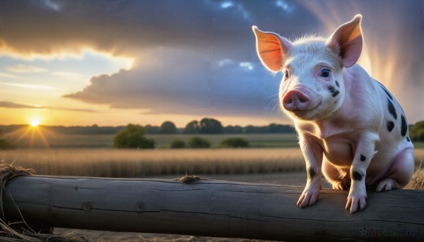 HQ,solo,blue eyes,closed mouth,full body,outdoors,sky,cloud,blurry,tree,pokemon (creature),no humans,animal,sunlight,cloudy sky,grass,scenery,sunset,realistic,sun,animal focus,whiskers,sunrise,looking at viewer,standing,day,signature,bug,mountain,mouse