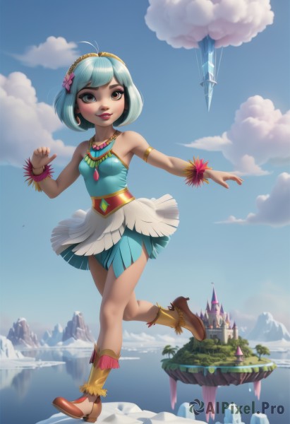 1girl,solo,breasts,looking at viewer,smile,short hair,bangs,blue eyes,skirt,hair ornament,dress,bare shoulders,brown eyes,jewelry,blue hair,standing,full body,flower,hairband,small breasts,boots,outdoors,parted lips,sky,shoes,teeth,sleeveless,day,artist name,cloud,hair flower,water,necklace,high heels,bracelet,tree,blue sky,lips,eyelashes,aqua hair,makeup,sleeveless dress,blue dress,watermark,brown footwear,short dress,leg up,standing on one leg,lipstick,building,gem,web address,armlet,pendant,eyeshadow,crystal,mountain,aircraft,fantasy,red lips,castle,tower,floating island,earrings,pointy footwear