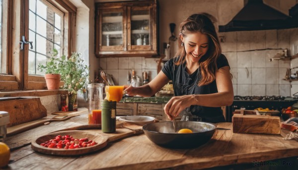 1girl,solo,long hair,smile,brown hair,shirt,black hair,holding,jewelry,closed eyes,short sleeves,multicolored hair,earrings,food,day,striped,indoors,necklace,bracelet,cup,black shirt,window,fruit,table,sunlight,bottle,cross,knife,plant,vertical stripes,plate,drinking glass,bowl,striped shirt,strawberry,spoon,fork,apple,basket,tiles,red lips,potted plant,bread,egg,cooking,vertical-striped shirt,kitchen,wine bottle,jar,tomato,sink,spatula,counter,toast,refrigerator,faucet,cabinet,stove,kitchen knife,cutting board,collared shirt,grin,makeup,realistic,holding knife,ladle,orange (fruit),frying pan,onion