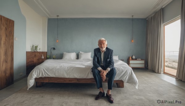 solo,short hair,blonde hair,shirt,long sleeves,1boy,sitting,jacket,white shirt,male focus,necktie,shoes,pants,indoors,black jacket,pillow,book,window,bed,facial hair,on bed,formal,own hands together,suit,plant,curtains,lamp,bedroom,old,old man,white hair,black footwear,bandages,scenery,beard,realistic,door,potted plant,wide shot,intravenous drip,wrinkled skin,hospital bed