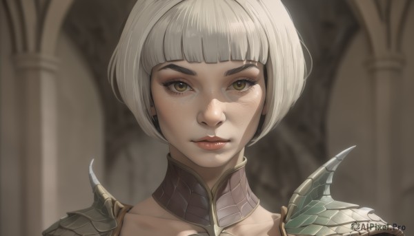 1girl,solo,looking at viewer,short hair,bangs,brown eyes,closed mouth,collarbone,white hair,grey hair,blunt bangs,armor,blurry,lips,eyelashes,makeup,blurry background,bob cut,shoulder armor,portrait,freckles,pauldrons,red lips,yellow eyes,shiny,close-up,brown background,nose