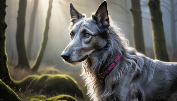 HQ,solo,brown eyes,closed mouth,outdoors,artist name,signature,blurry,collar,tree,no humans,blurry background,animal,watermark,sunlight,nature,web address,forest,dog,realistic,animal focus,wolf,deviantart username,dated