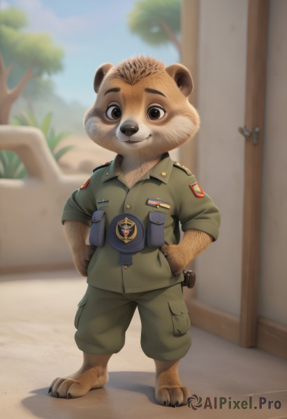 solo,looking at viewer,smile,shirt,1boy,animal ears,brown eyes,closed mouth,standing,full body,male focus,outdoors,sky,barefoot,day,blurry,uniform,black eyes,tree,military,military uniform,blurry background,furry,pocket,hands on hips,green shirt,breast pocket,furry male,male child,badge,green pants,weapon,no humans,shadow,sleeves rolled up,bear