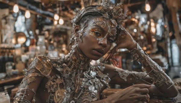 1girl,solo,looking at viewer,short hair,black hair,hair ornament,bare shoulders,brown eyes,jewelry,upper body,earrings,indoors,dark skin,nail polish,armor,blurry,bracelet,dark-skinned female,cup,lips,fingernails,eyelashes,tattoo,makeup,depth of field,blurry background,piercing,table,ring,tiara,crown,gem,armlet,hand on own face,freckles,head rest,very dark skin,elbow rest,white nails,dreadlocks,pov across table,dress,parted lips,glasses,shoulder armor,round eyewear,headdress,red lips,gold,gold chain,gold armor