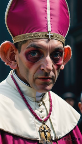 solo,looking at viewer,blue eyes,1boy,hat,jewelry,closed mouth,upper body,male focus,solo focus,necklace,blurry,lips,blurry background,cross,crown,portrait,realistic,mouse ears,nose,pink headwear,priest,clown,mitre,facial hair