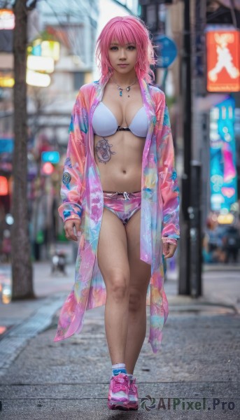 1girl,solo,breasts,looking at viewer,blue eyes,large breasts,long sleeves,navel,cleavage,jewelry,medium breasts,standing,jacket,swimsuit,full body,pink hair,bikini,outdoors,open clothes,shoes,shorts,medium hair,necklace,blurry,lips,coat,short shorts,tattoo,blurry background,white bikini,ring,sneakers,bikini top only,walking,realistic,pink footwear,road,pink jacket,navel piercing,street,photo background,pink shorts,pink coat,long hair,car,neon lights