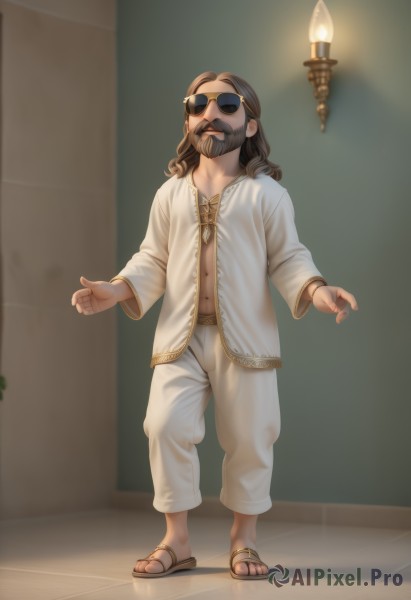 solo,long hair,brown hair,shirt,long sleeves,1boy,standing,full body,male focus,pants,indoors,facial hair,sandals,sunglasses,beard,white pants,mustache,candle,black hair,navel,jewelry,open clothes,necklace,open shirt,candlelight