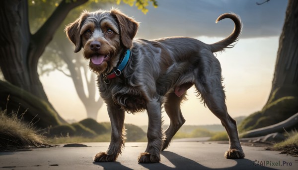 HQ,solo,open mouth,blue eyes,full body,outdoors,day,tongue,tongue out,blurry,collar,tree,no humans,animal,grass,dog,realistic,animal focus,looking at viewer,brown eyes,standing,sky,signature,blurry background,shadow,nature,red collar,animal collar