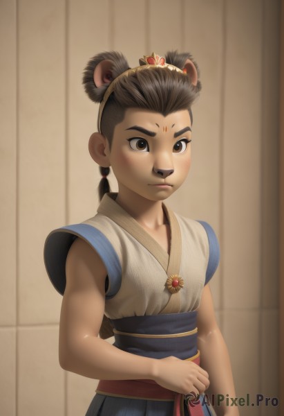 1girl,solo,looking at viewer,blush,brown hair,black hair,1boy,animal ears,twintails,brown eyes,closed mouth,upper body,male focus,hairband,japanese clothes,sleeveless,lips,sash,facial mark,child,forehead mark,male child,hair ornament,realistic,bear ears,dougi