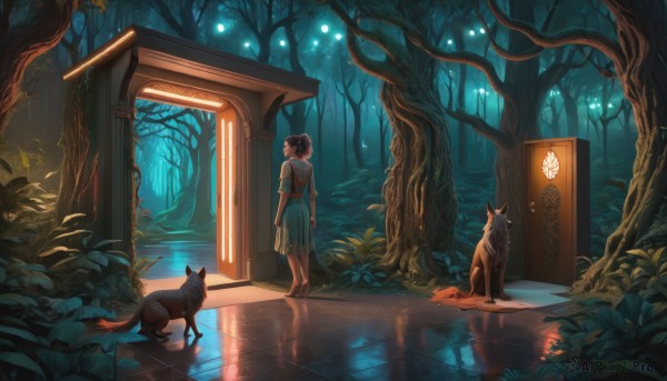 1girl,solo,short hair,brown hair,black hair,dress,standing,ponytail,outdoors,barefoot,water,from behind,tree,sash,night,animal,leaf,sandals,cat,grass,plant,nature,scenery,forest,reflection,walking,dog,lantern,fantasy,door,light,dark,ripples,reflective floor,fireflies,deer,hair bun,single hair bun