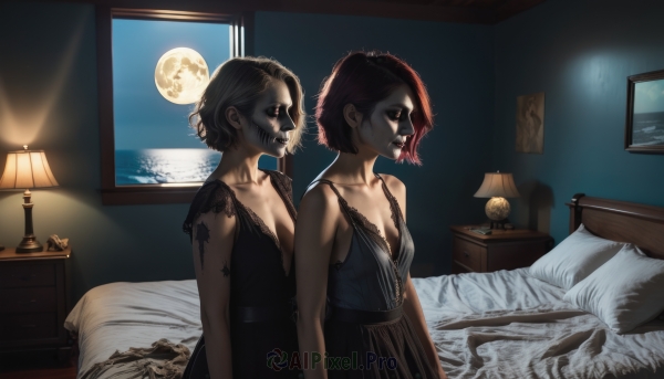 breasts,short hair,multiple girls,blonde hair,brown hair,dress,2girls,cleavage,medium breasts,green eyes,collarbone,red hair,small breasts,sleeveless,indoors,black dress,pillow,window,bed,tattoo,makeup,night,on bed,moon,lipstick,full moon,skull,realistic,lamp,arm tattoo,photo (object),bedroom,nightgown,painting (object),moonlight,black hair,closed eyes,yuri,pale skin,black lips