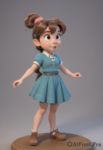 1girl,solo,long hair,smile,open mouth,skirt,simple background,brown hair,shirt,hair ornament,dress,brown eyes,standing,full body,ponytail,short sleeves,shoes,teeth,socks,hairclip,belt,grey background,lips,blue skirt,blue dress,brown footwear,scrunchie,aged down,child,hair scrunchie,female child,faux figurine,puffy sleeves,hair bun,single hair bun,nose