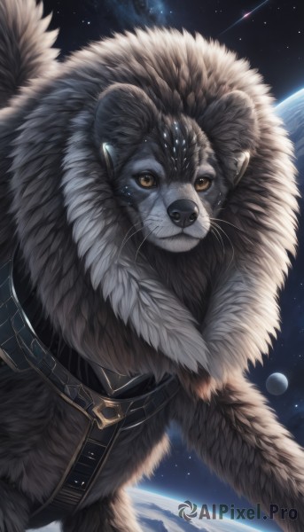 solo,looking at viewer,yellow eyes,sky,belt,signature,no humans,animal,star (sky),starry sky,colored sclera,space,animal focus,planet,fur,whiskers,earth (planet),black fur,brown eyes,upper body,night,moon,night sky,realistic,shooting star