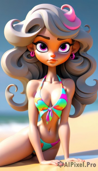 1girl,solo,long hair,breasts,looking at viewer,brown hair,navel,cleavage,jewelry,medium breasts,sitting,purple eyes,collarbone,swimsuit,pink hair,bikini,multicolored hair,earrings,small breasts,outdoors,day,dark skin,pink eyes,nail polish,dark-skinned female,lips,makeup,ocean,arm support,beach,tan,front-tie top,multicolored clothes,pink nails,curly hair,front-tie bikini top,multicolored bikini,rainbow hair,multicolored stripes,bangs,bare shoulders,closed mouth,grey hair,sky,artist name,spread legs,stomach,blurry,two-tone hair,blue sky,fingernails,blurry background,wavy hair,thick eyebrows,lipstick,red nails,eyeshadow,pink lips,sand,lipgloss