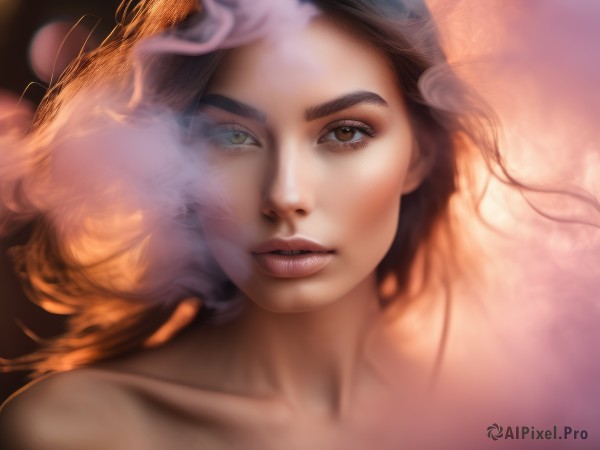 1girl,solo,long hair,looking at viewer,brown hair,bare shoulders,brown eyes,green eyes,collarbone,multicolored hair,parted lips,blurry,lips,eyelashes,heterochromia,portrait,smoke,realistic,nose,blush,artist name,depth of field,watermark,close-up,freckles