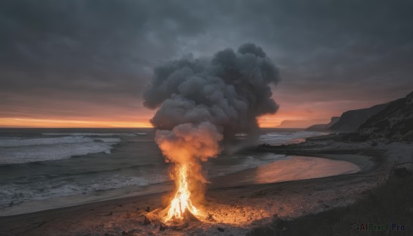 1girl,solo,outdoors,sky,cloud,water,no humans,ocean,beach,cloudy sky,fire,scenery,smoke,sunset,sand,horizon,shore,burning,molten rock,waves