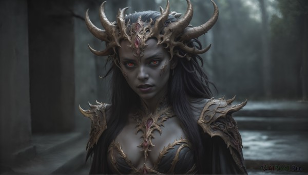 HQ,1girl,solo,long hair,breasts,looking at viewer,black hair,red eyes,cleavage,medium breasts,closed mouth,upper body,outdoors,horns,armor,blurry,lips,makeup,blurry background,colored skin,facial mark,lipstick,shoulder armor,gem,pale skin,nature,forest,colored sclera,pauldrons,fantasy,grey skin,purple lips,black lips,jewelry,parted lips,pointy ears,cape,orange eyes,realistic