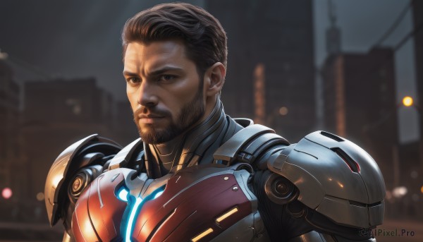 solo,looking at viewer,short hair,brown hair,black hair,1boy,brown eyes,closed mouth,upper body,male focus,outdoors,dark skin,armor,blurry,night,blurry background,facial hair,dark-skinned male,building,beard,science fiction,city,realistic,manly,animification,undercut,power armor,portrait,power suit,power suit (metroid)