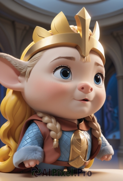 1girl,solo,long hair,blush,open mouth,blue eyes,blonde hair,long sleeves,animal ears,standing,braid,parted lips,teeth,pointy ears,blurry,twin braids,lips,fur trim,blurry background,crown,looking up,furry,chibi,parody,freckles