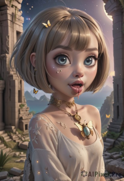 1girl,solo,breasts,looking at viewer,short hair,open mouth,bangs,blue eyes,blonde hair,brown hair,dress,cleavage,bare shoulders,jewelry,collarbone,upper body,earrings,small breasts,outdoors,sky,teeth,choker,tongue,artist name,tongue out,necklace,off shoulder,white dress,lips,see-through,eyelashes,saliva,blood,tattoo,makeup,night,moon,bob cut,bug,butterfly,star (sky),pendant,starry sky,freckles,nose,ruins,mascara,hair ornament,parted lips,pillar