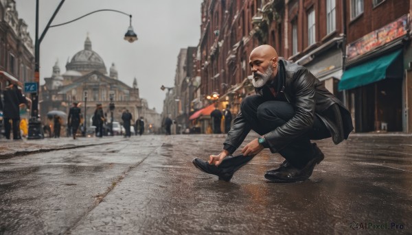 shirt,long sleeves,1boy,jacket,male focus,outdoors,multiple boys,shoes,solo focus,day,pants,black footwear,black jacket,facial hair,black pants,squatting,sunglasses,ground vehicle,building,motor vehicle,beard,smoke,6+boys,watch,cigarette,city,sign,realistic,mustache,smoking,car,wristwatch,road,bald,leather,lamppost,old man,street,leather jacket,photo background,sitting,necktie,sky,blurry,open jacket,black shirt,depth of field,blurry background,denim,red necktie,scenery,jeans,old,crowd,pavement,sidewalk