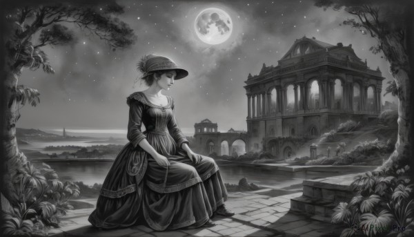 1girl,solo,short hair,hat,dress,bare shoulders,jewelry,sitting,collarbone,monochrome,flower,greyscale,earrings,outdoors,sky,cloud,water,tree,night,moon,building,star (sky),night sky,scenery,full moon,starry sky,long dress,house,castle,breasts,smile,long sleeves,cleavage,full body,closed eyes,necklace,hair bun,ocean,single hair bun,plant,bush,arch,gown,hands on lap