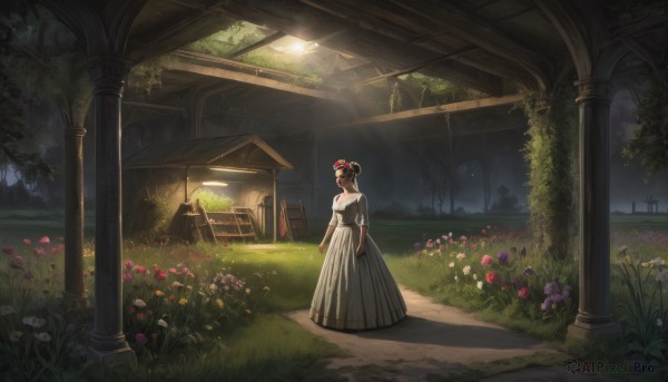 1girl,solo,breasts,looking at viewer,short hair,brown hair,black hair,hair ornament,dress,cleavage,standing,flower,short sleeves,outdoors,indoors,hair flower,hair bun,white dress,black dress,tree,chair,sunlight,grass,plant,red flower,nature,scenery,pink flower,light rays,purple flower,long dress,head wreath,sunbeam,ruins,pillar,arch,garden,bangs,puffy sleeves,profile,single hair bun,bush,wide shot,overgrown