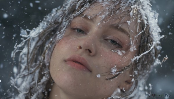 1girl,solo,long hair,looking at viewer,brown hair,parted lips,artist name,water,blurry,black eyes,lips,grey eyes,blurry background,portrait,snow,close-up,freckles,snowing,realistic,nose,black hair,depth of field