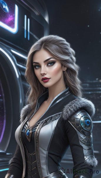 1girl,solo,long hair,breasts,looking at viewer,blue eyes,blonde hair,cleavage,jewelry,medium breasts,jacket,upper body,earrings,parted lips,open clothes,lips,coat,fur trim,makeup,lipstick,eyeshadow,science fiction,red lips,space,brown hair,artist name,grey eyes,bodysuit,wavy hair,realistic