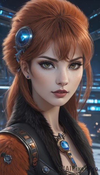 1girl,solo,long hair,breasts,looking at viewer,bangs,brown hair,hair ornament,cleavage,brown eyes,jewelry,medium breasts,yellow eyes,upper body,earrings,parted lips,necklace,orange hair,lips,fur trim,eyelashes,makeup,night,lipstick,gem,eyeshadow,freckles,realistic,nose,red lips,eyeliner,jacket,artist name,blurry,pendant,science fiction,fur collar,mascara