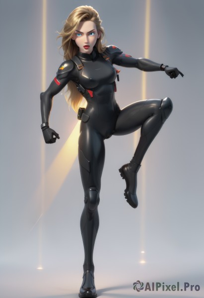 1girl,solo,long hair,breasts,looking at viewer,blue eyes,blonde hair,gloves,medium breasts,standing,full body,armor,lips,bodysuit,covered navel,makeup,cameltoe,leg up,standing on one leg,lipstick,skin tight,science fiction,black bodysuit,red lips,open mouth,brown hair