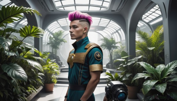 1girl,solo,short hair,1boy,jewelry,standing,pink hair,short sleeves,male focus,multicolored hair,earrings,belt,indoors,dark skin,uniform,from side,two-tone hair,lips,window,profile,piercing,plant,ear piercing,realistic,nose,camera,potted plant,very short hair,undercut,mohawk,looking at viewer,shirt,closed mouth,upper body,alternate costume,artist name,leaf,scar,blue shirt,scar on face,watch,scar across eye,wristwatch,stud earrings,badge