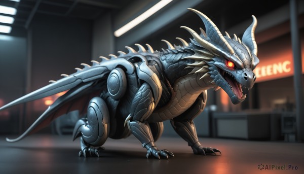 HQ,solo,open mouth,red eyes,standing,tail,full body,wings,horns,teeth,indoors,blurry,orange eyes,pokemon (creature),no humans,blurry background,glowing,fangs,sharp teeth,glowing eyes,claws,spikes,colored sclera,monster,dragon,black sclera,scales,kaijuu,dinosaur