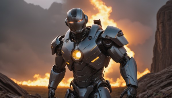 solo,looking at viewer,1boy,upper body,male focus,armor,no humans,glowing,fire,robot,mecha,glowing eyes,smoke,science fiction,power armor,humanoid robot,red eyes,outdoors,sky,cloud,military,cloudy sky,realistic,military vehicle