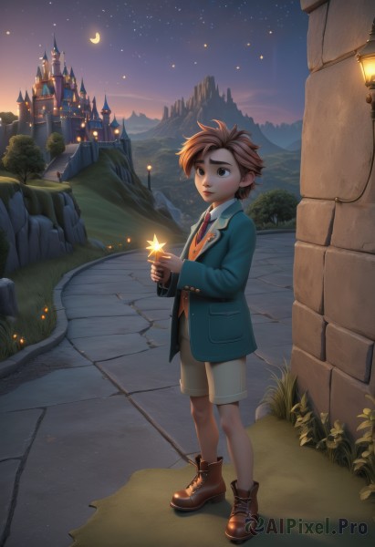 solo,short hair,brown hair,shirt,long sleeves,1boy,holding,brown eyes,standing,jacket,full body,male focus,boots,outdoors,necktie,sky,shorts,star (symbol),vest,tree,night,brown footwear,moon,grass,red necktie,building,child,star (sky),night sky,starry sky,road,male child,crescent moon,castle,path,cliff,town,smile,school uniform,artist name,watermark,web address,wand