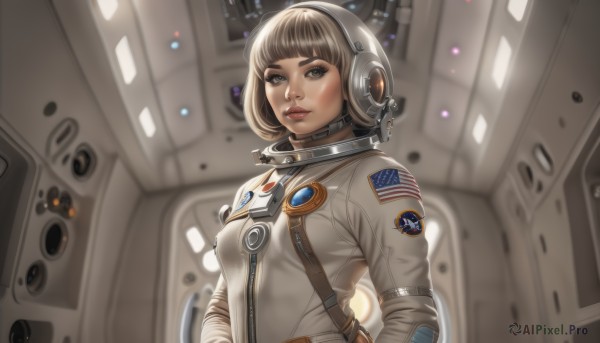 1girl,solo,breasts,looking at viewer,short hair,bangs,brown hair,brown eyes,medium breasts,upper body,parted lips,blunt bangs,lips,bodysuit,bob cut,helmet,science fiction,realistic,nose,american flag,spacecraft,spacesuit,japanese flag,space helmet,astronaut,long sleeves,closed mouth,small breasts,indoors,blurry,covered nipples,from side,eyelashes,depth of field,blurry background,headphones,thick eyebrows,zipper,backlighting,emblem,pilot