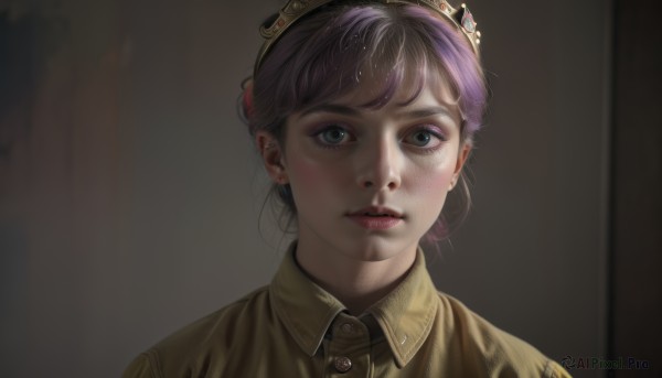 1girl,solo,looking at viewer,short hair,bangs,blue eyes,shirt,jewelry,closed mouth,purple hair,earrings,parted lips,collared shirt,blurry,lips,tiara,portrait,freckles,yellow shirt,realistic,nose,simple background,black hair,green eyes,uniform,military,eyelashes,military uniform,makeup,black background