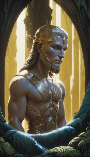 solo,long hair,looking at viewer,blue eyes,blonde hair,brown hair,1boy,closed mouth,upper body,male focus,outdoors,artist name,signature,armor,tree,lips,muscular,facial hair,sunlight,pectorals,plant,muscular male,nature,beard,forest,backlighting,topless male,circlet,realistic,nose,manly,pointy ears,leaf,crown,elf