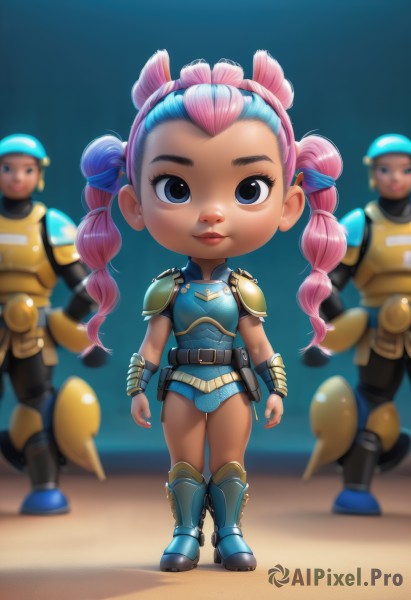 1girl,long hair,looking at viewer,smile,blue eyes,hair ornament,twintails,closed mouth,blue hair,standing,full body,pink hair,multicolored hair,hairband,boots,multiple boys,solo focus,belt,armor,blurry,black eyes,two-tone hair,lips,makeup,blurry background,shoulder armor,child,pauldrons,blue footwear,breastplate,female child,armored boots,blue leotard,greaves,multiple others,3others,multiple girls,1boy,2girls,twin braids