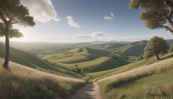 outdoors,sky,day,cloud,water,tree,blue sky,no humans,grass,nature,scenery,forest,mountain,horizon,landscape,mountainous horizon,hill,sunlight,cloudy sky,road,bush,field,path