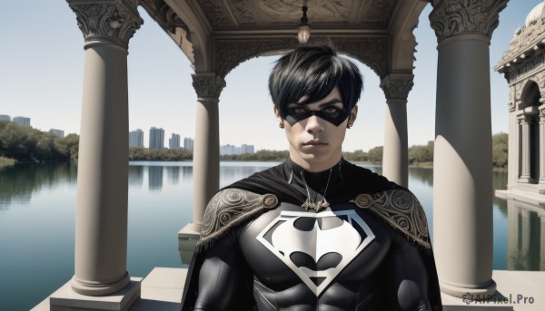 solo,looking at viewer,smile,short hair,black hair,1boy,jewelry,upper body,male focus,earrings,outdoors,day,water,cape,lips,bodysuit,mask,muscular,building,black bodysuit,black cape,superhero,statue,domino mask,brown eyes,closed mouth,sky,pectorals,muscular male,reflection,realistic