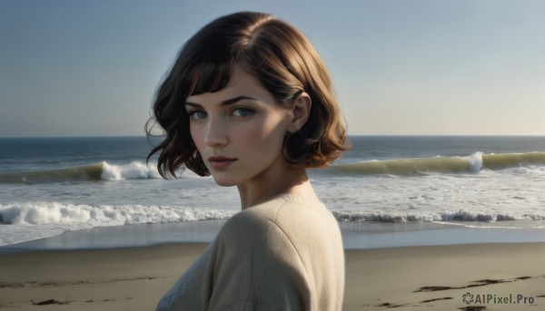 1girl,solo,looking at viewer,short hair,bangs,blue eyes,brown hair,shirt,jewelry,upper body,earrings,outdoors,parted lips,sky,day,looking back,water,from side,sweater,lips,looking to the side,grey eyes,ocean,beach,scenery,realistic,nose,sand,horizon,white sweater,grey sweater,waves,shore,black hair,closed mouth,white shirt,blue sky,sunlight,backlighting,photo background