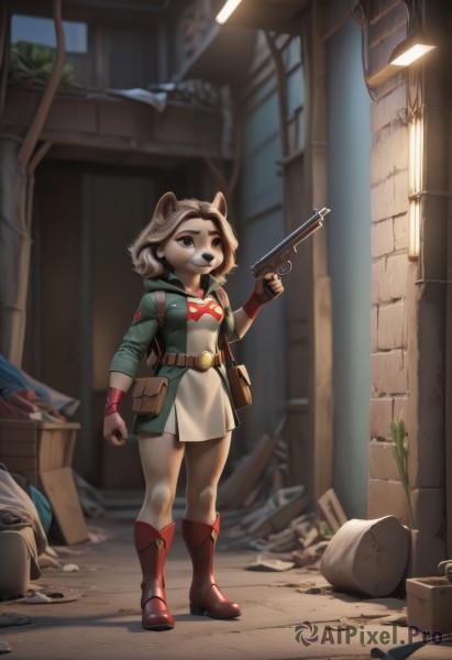 1girl,solo,breasts,short hair,brown hair,gloves,long sleeves,dress,holding,animal ears,brown eyes,standing,jacket,full body,weapon,boots,outdoors,open clothes,belt,indoors,hood,fingerless gloves,bag,holding weapon,open jacket,gun,facial hair,thick eyebrows,knee boots,red footwear,holding gun,furry,handgun,pouch,green jacket,mustache,furry female,brown belt,belt pouch,revolver,alley,crate,smile,tail,small breasts,teeth,artist name,white dress,blurry,hoodie,blurry background,mouth hold,short dress,hood down,box,clenched hand,dog ears,brown gloves,cropped jacket,belt buckle,raccoon ears,dirty,shopping bag,brown fur