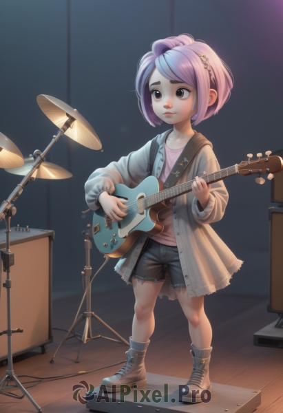 1girl,solo,smile,short hair,bangs,shirt,hair ornament,long sleeves,holding,brown eyes,closed mouth,standing,jacket,full body,pink hair,purple hair,multicolored hair,boots,open clothes,shorts,socks,hairclip,artist name,indoors,two-tone hair,lips,short shorts,brown footwear,black shorts,cardigan,denim,instrument,child,cross-laced footwear,denim shorts,pink shirt,music,guitar,female child,cutoffs,playing instrument,holding instrument,electric guitar,drum,stage,bass guitar,drum set,amplifier,blue hair,hood,coat,hoodie